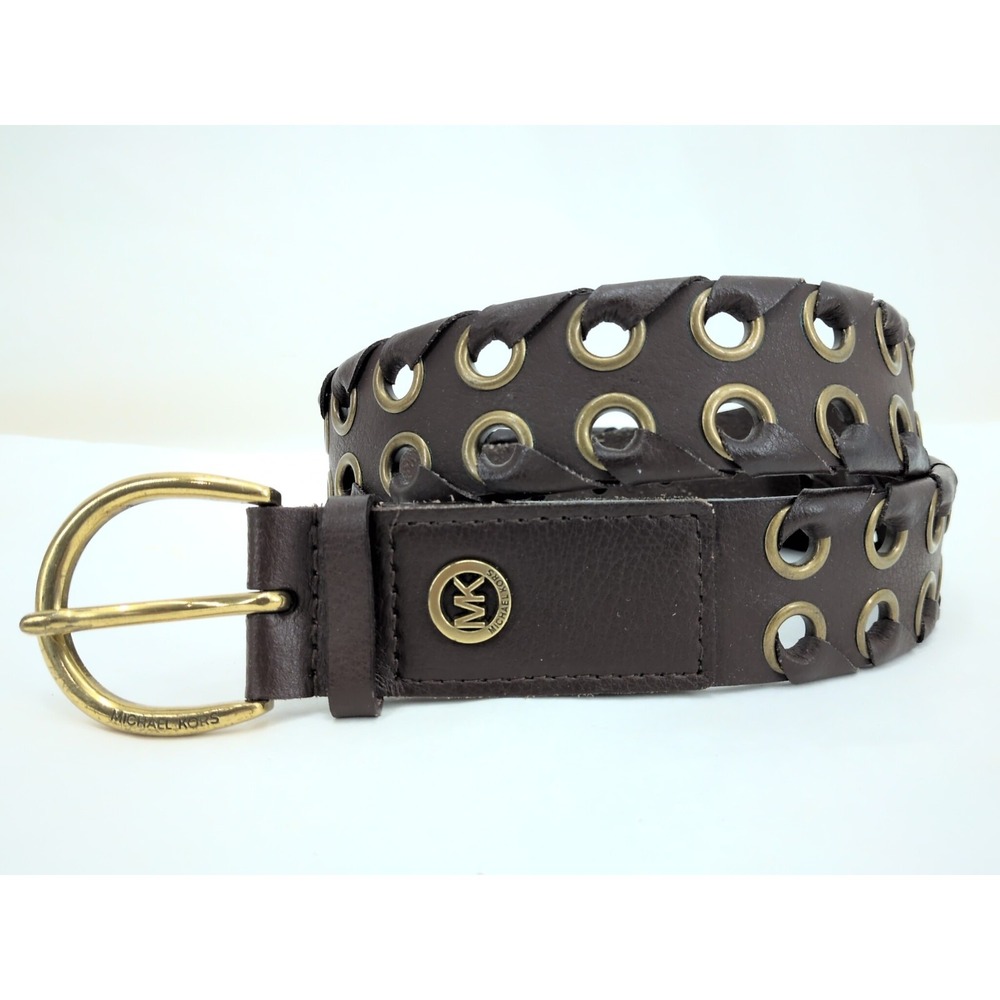 Michael Kors Women's Brown Leather Grommet Brass Belt 36"